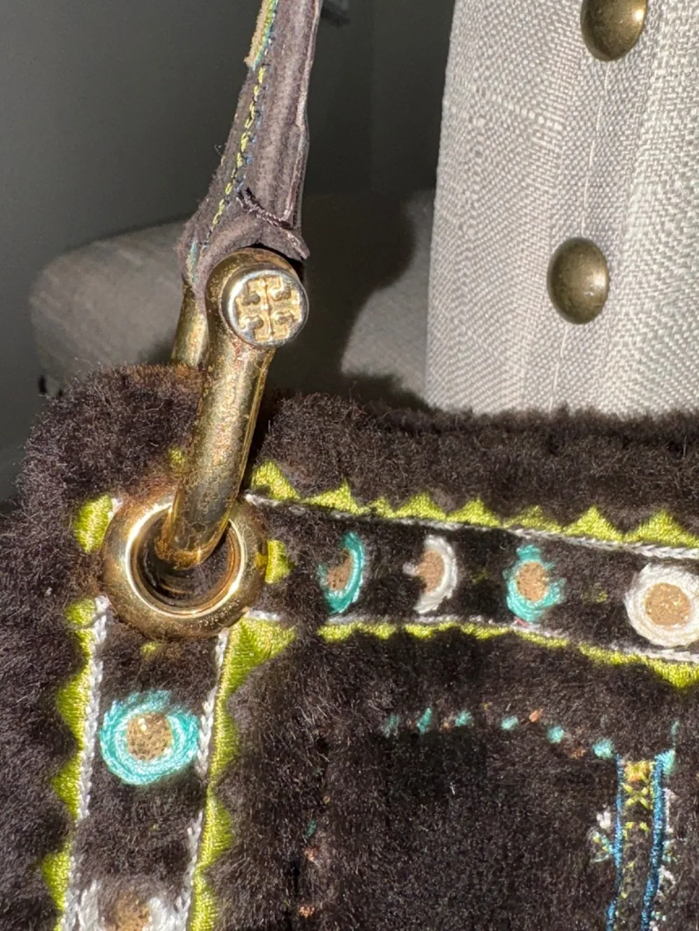 VINTAGE TORY BURCH Brown Sheepskin Shoulder Crossbody Embroidered Geometric Bag